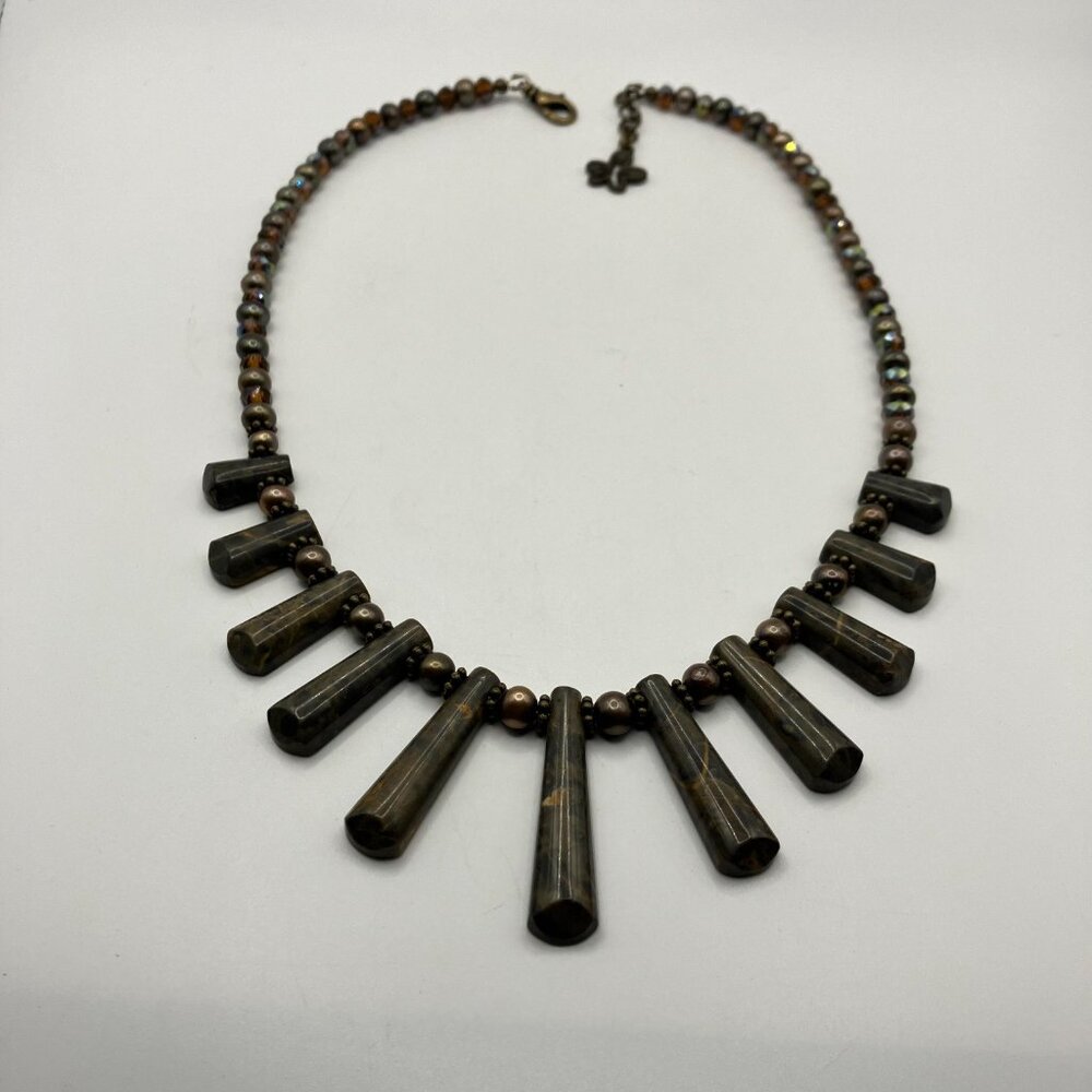 Artisan Natural Bronzite and Pearl Beaded Necklace 19 inches Handmade NEW